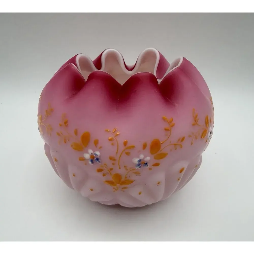 Mt. Washington Pink Satin Glass Shell & Seaweed Rose Bowl Vase 4” UV Reactive